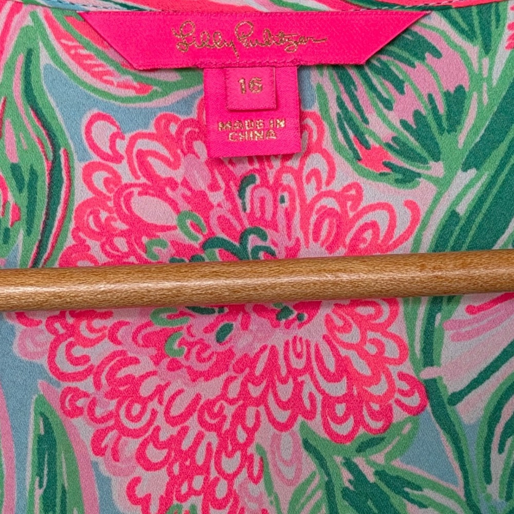 Lilly Pulitzer Taviana Dress Womens 16 Pink Green Floral Smocked Ruffle Mini - Picture 3 of 6